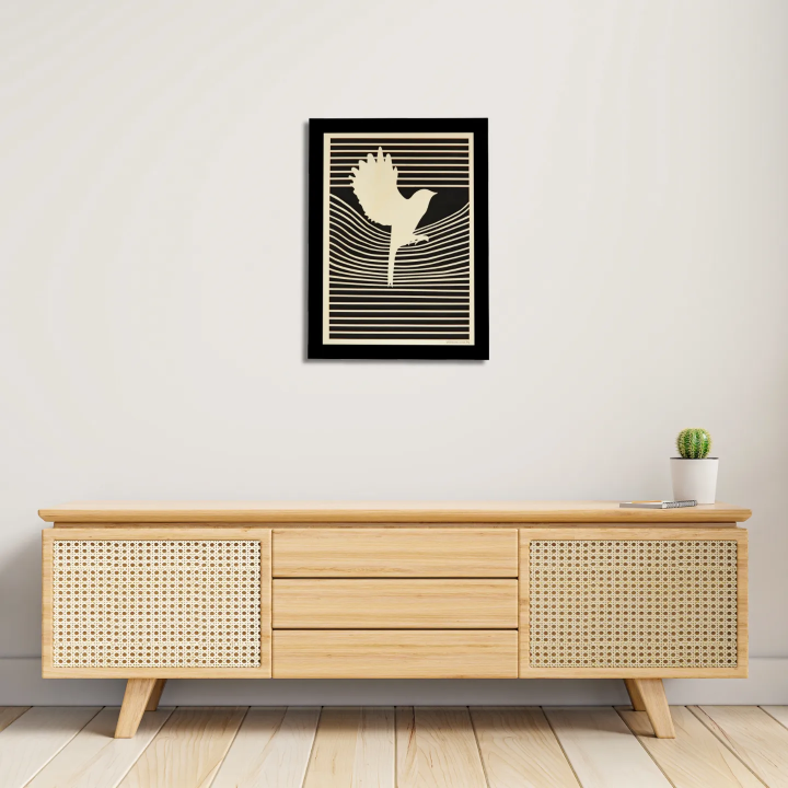 Entrance view with a customizable wall art frame of a dove in cut and engraved wood front view Woodillusion
