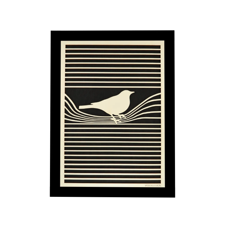 Customizable wall art frame of a bird in cut and engraved wood front view with frame Woodillusion