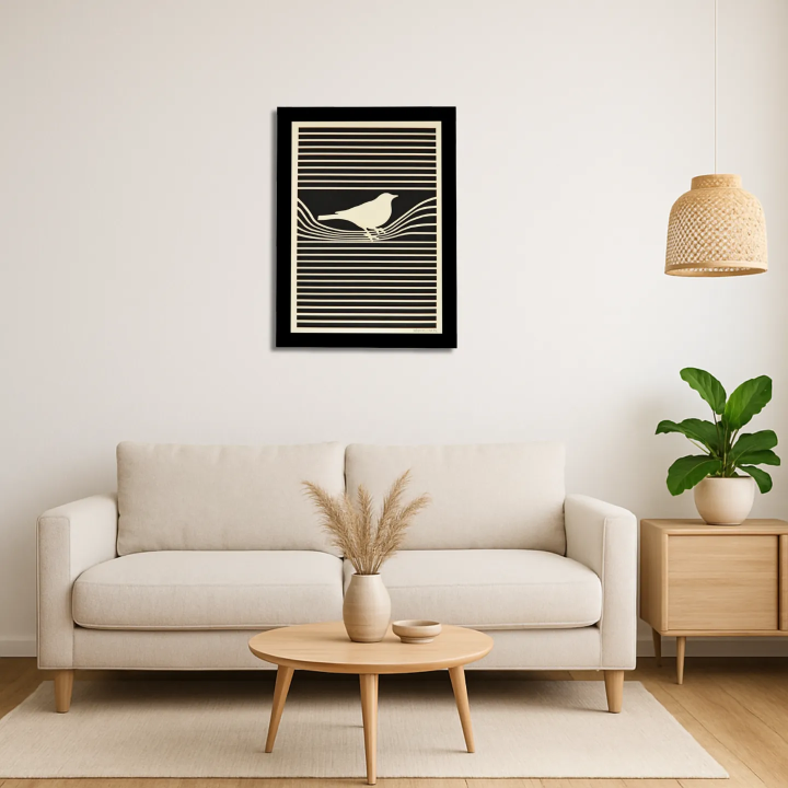 Living room view with a customizable wall art frame of a bird in cut and engraved wood front view with frame Woodillusion