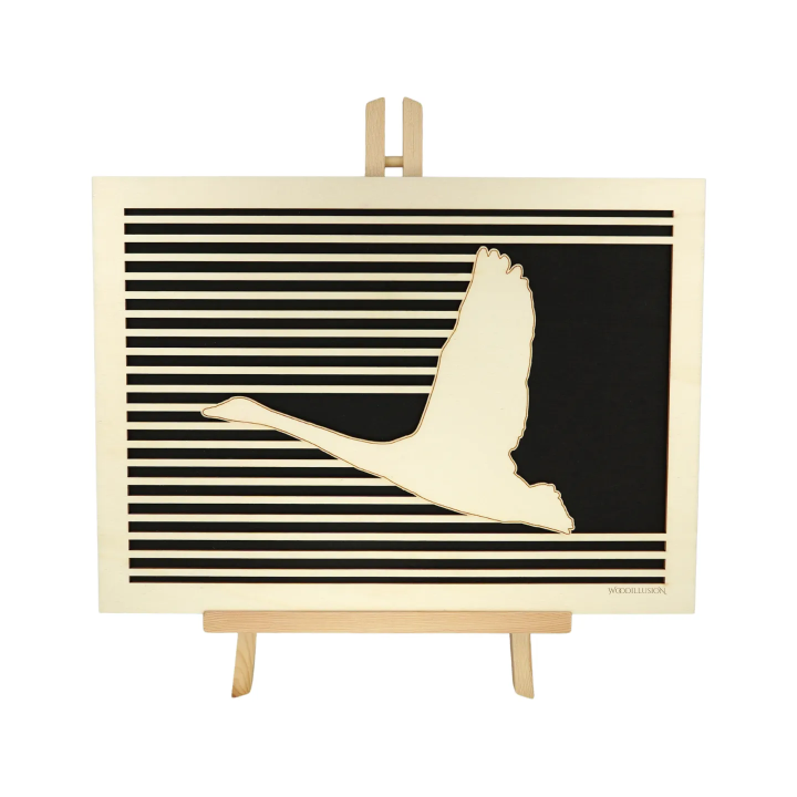 Customizable wall art frame of a crane in cut and engraved wood front view with easel Woodillusion