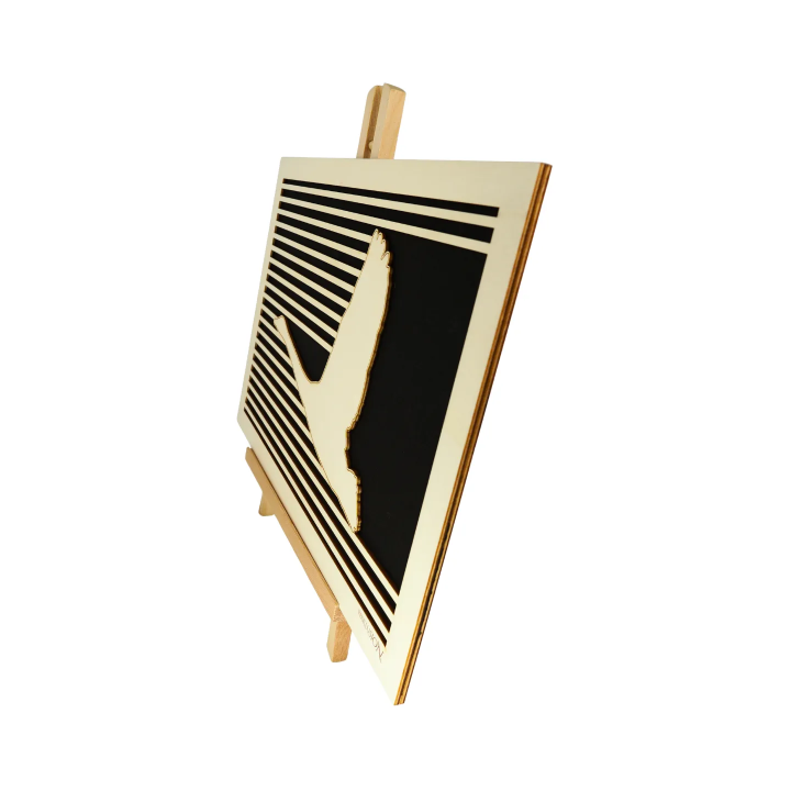 Customizable wall art frame of a crane in cut and engraved wood side view with easel Woodillusion