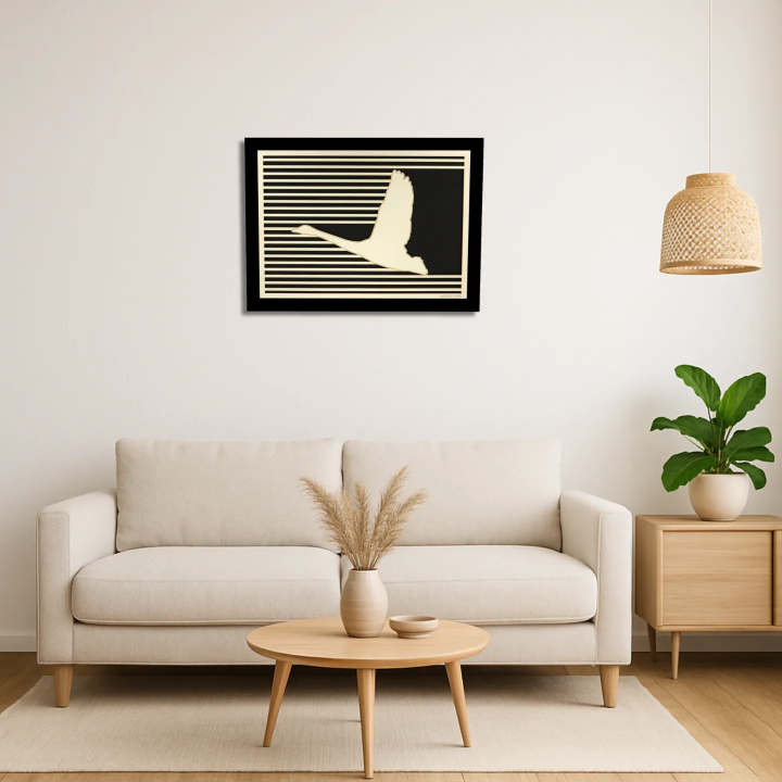 Living room view with a customizable wall art frame of a crane in cut and engraved wood front view Woodillusion