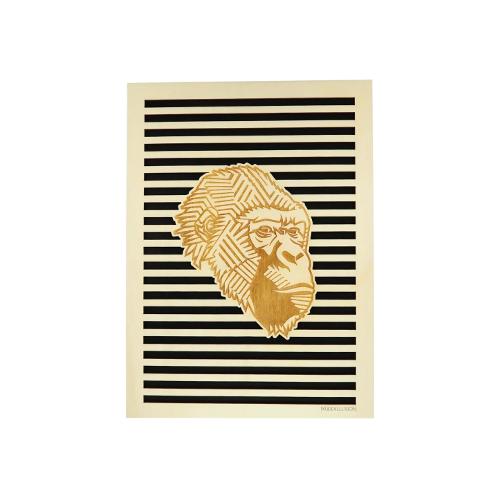 Tableau cadre personnalisable d’un gorille en bois découpé et gravé vue de face Woodillusion