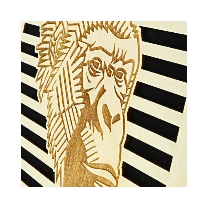 Zoom on a customizable wall art frame of a gorilla in cut and engraved wood side view with easel Woodillusion