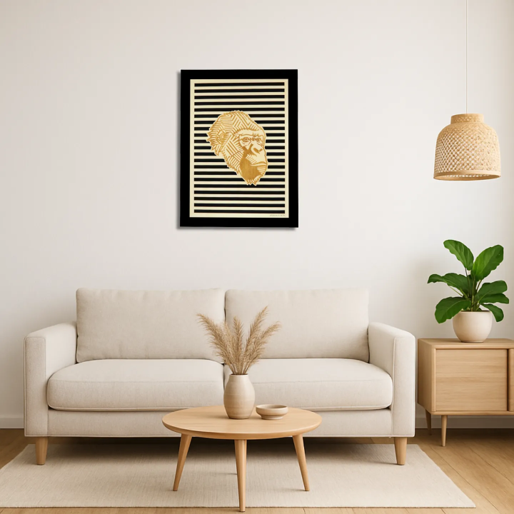 Living room view with a customizable wall art frame of a gorilla in cut and engraved wood front view with frame Woodillusion
