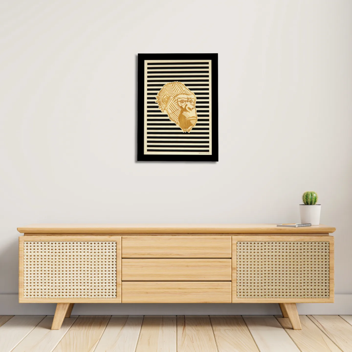 Entrance view with a customizable wall art frame of a gorilla in cut and engraved wood front view with frame Woodillusion