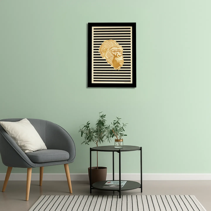 Waiting room view with a customizable wall art frame of a gorilla in cut and engraved wood front view Woodillusion
