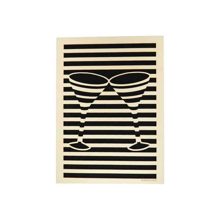 Tableau cadre personnalisable de coupes de cocktails en bois découpé et gravé vue de face Woodillusion