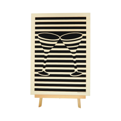 Customizable wall art frame of cocktail glasses in cut and engraved wood front view with easel Woodillusion