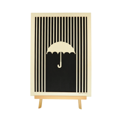 Tableau cadre personnalisable d’un parapluie en bois découpé et gravé vue de face avec chevalet Woodillusion