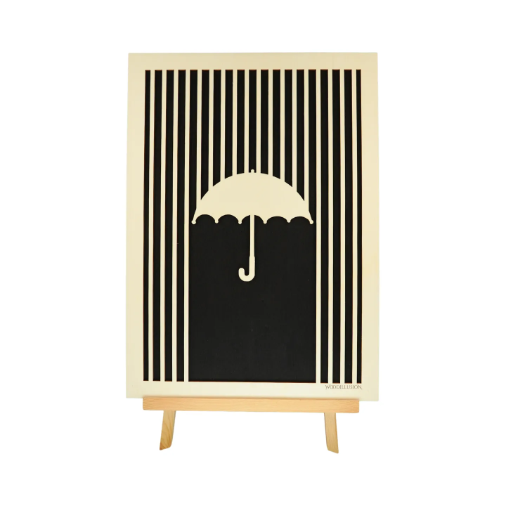 Customizable wall art frame of an umbrella in cut and engraved wood front view with easel Woodillusion