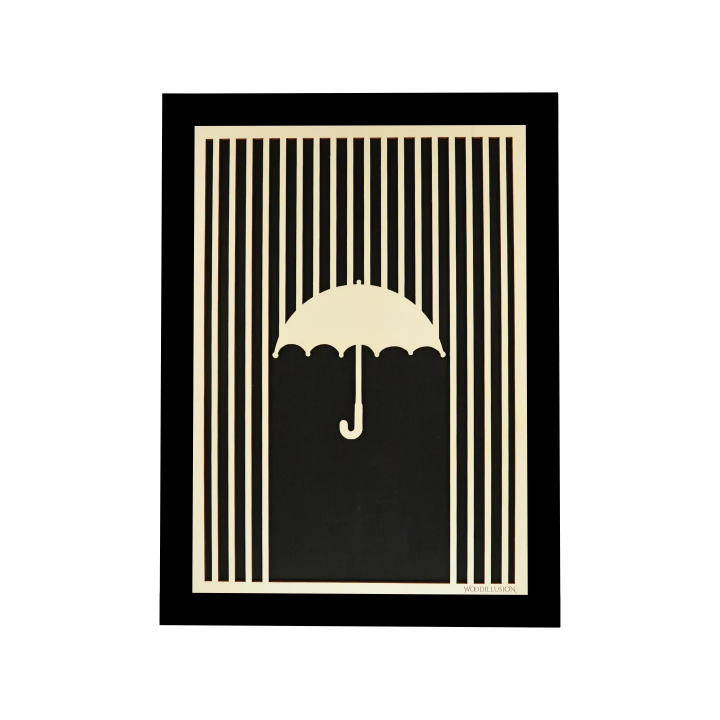 Tableau cadre personnalisable d’un parapluie en bois découpé et gravé vue de face avec cadre Woodillusion