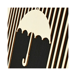 Zoom on a customizable wall art frame of an umbrella in cut and engraved wood side view with easel Woodillusion