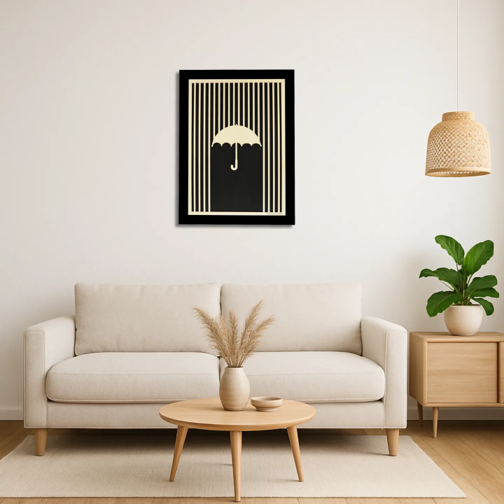 Living room view with a customizable wall art frame of an umbrella in cut and engraved wood front view with frame Woodillusion