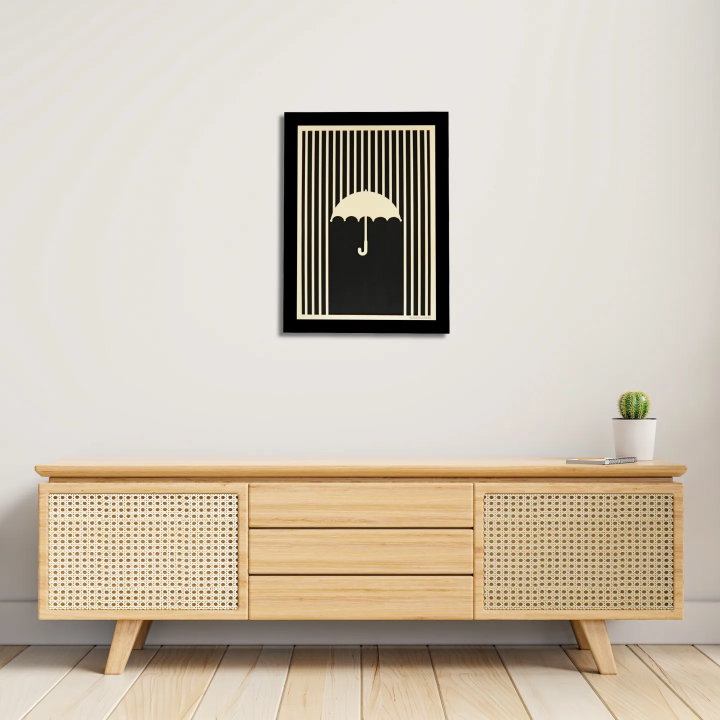 Entrance view with a customizable wall art frame of an umbrella in cut and engraved wood front view Woodillusion