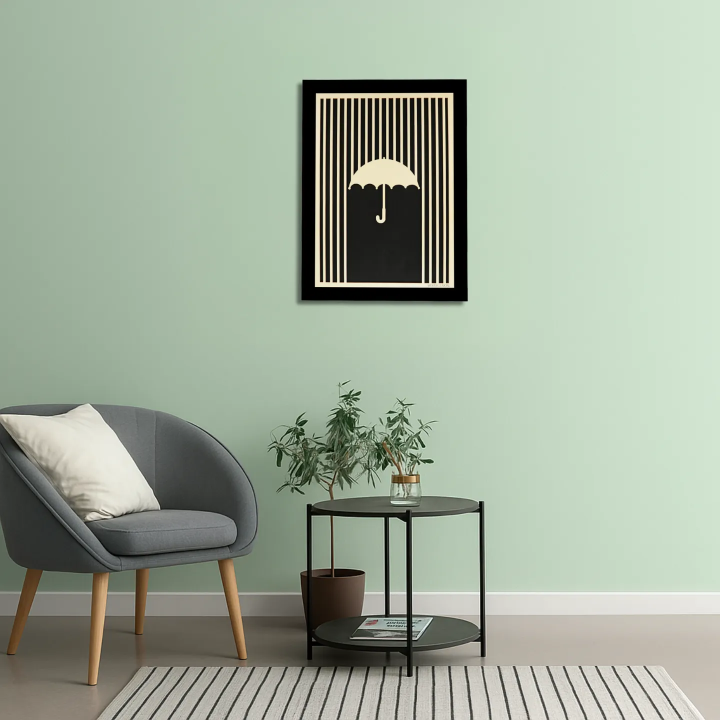 Waiting room view with a customizable wall art frame of an umbrella in cut and engraved wood Woodillusion