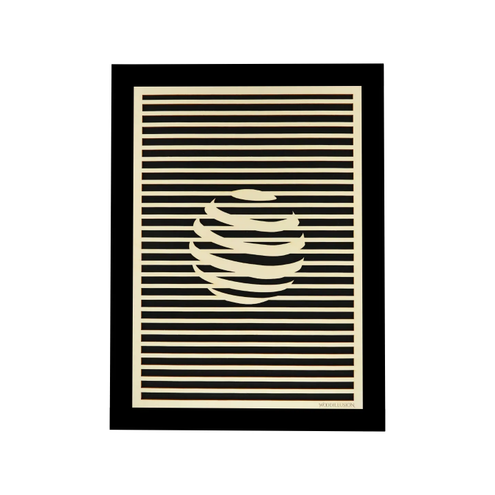 Customizable wall art frame of a sphere in cut and engraved wood front view with frame Woodillusion