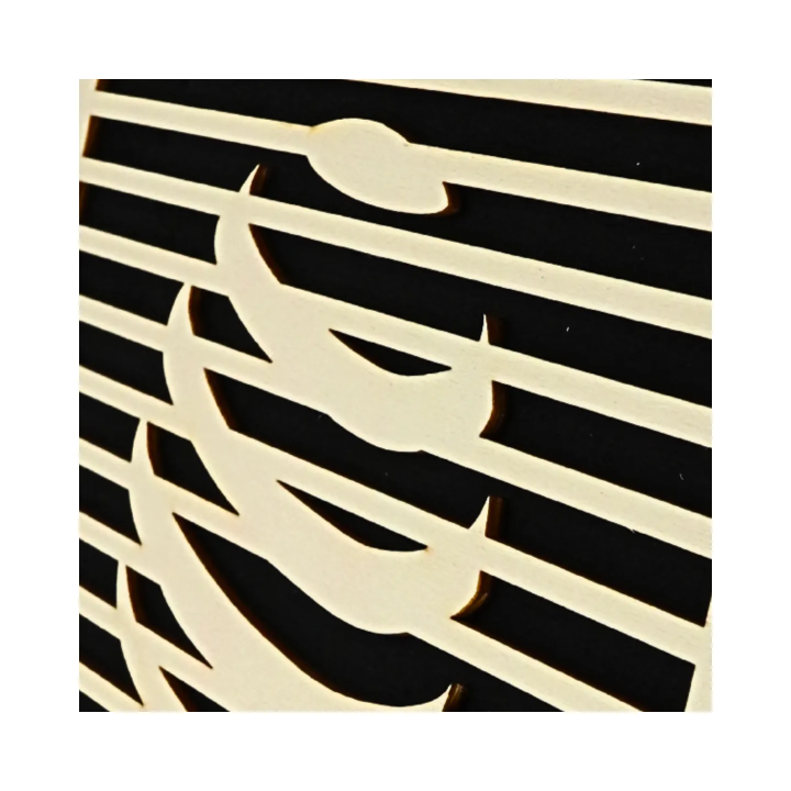 Zoom on a customizable wall art frame of a sphere in cut and engraved wood side view with easel Woodillusion