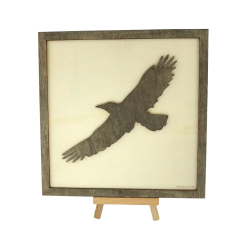 Customizable wall art frame of an eagle in cut and engraved wood front view with easel woodillusion