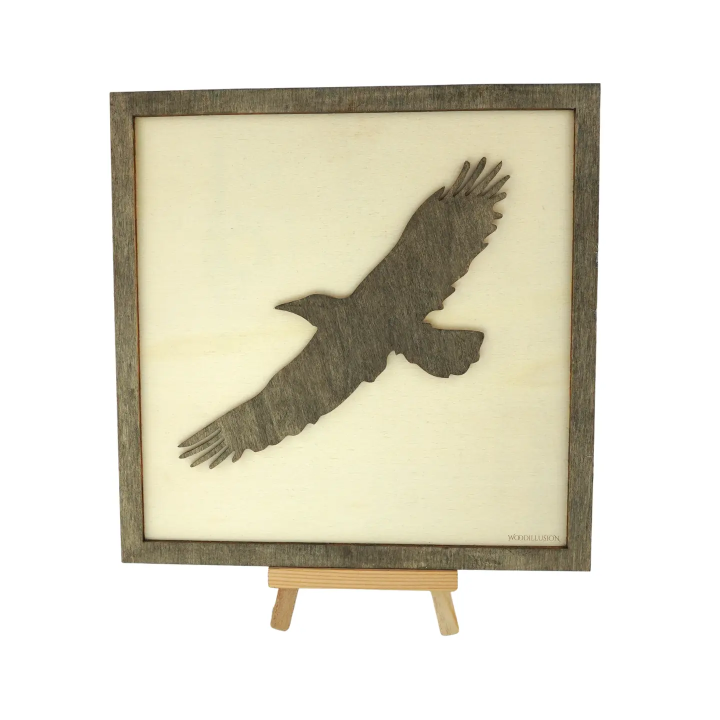 Customizable wall art frame of an eagle in cut and engraved wood front view with easel woodillusion