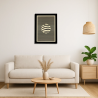 Living room view with a customizable wall art frame of a sphere in cut and engraved wood front view with frame Woodillusion