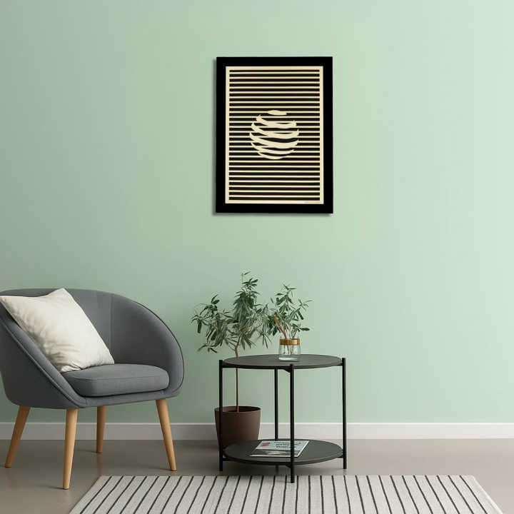 Waiting room view with a customizable wall art frame of a sphere in cut and engraved wood front view Woodillusion