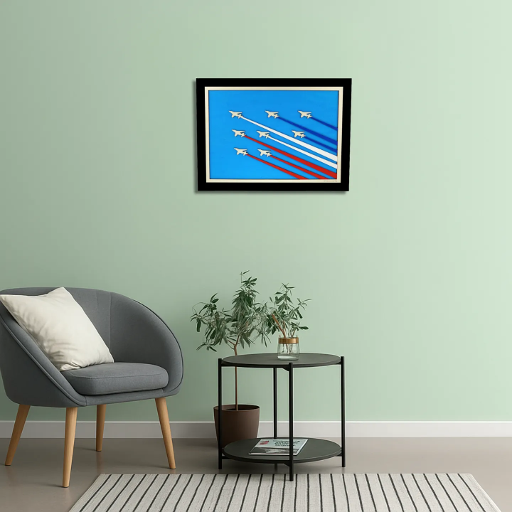 Waiting room view with a customizable wall art frame of aerial aerobatics in cut and engraved wood front view