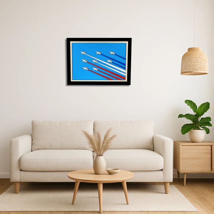 Living room view with a customizable wall art frame of aerial aerobatics in cut and engraved wood
