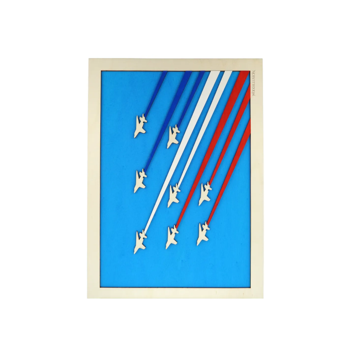 Tableau cadre personnalisable de voltige aérienne en bois découpé et gravé vue de face Woodillusion