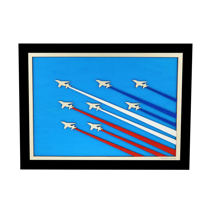 Customizable wall art frame of aerial aerobatics in cut and engraved wood front view with frame Woodillusion
