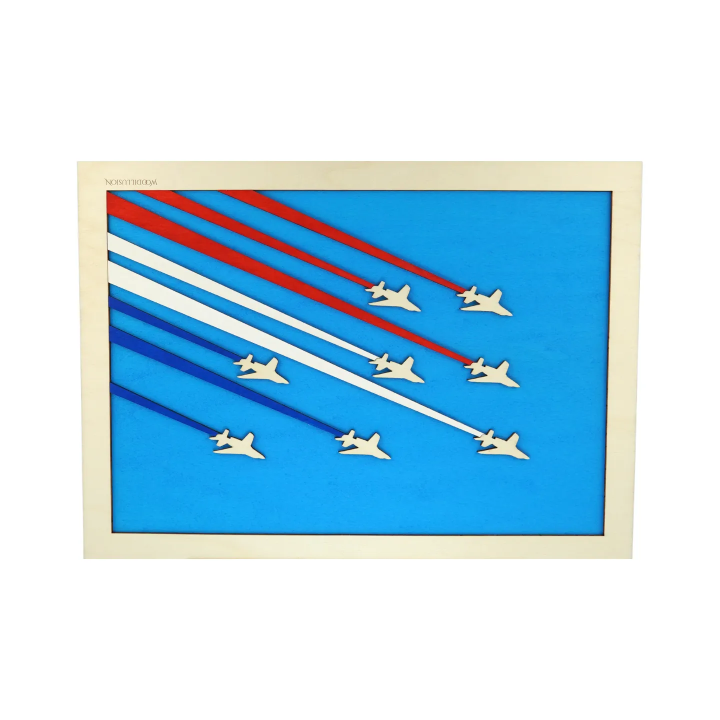 Customizable wall art frame of aerial aerobatics in cut and engraved wood front view Woodillusion
