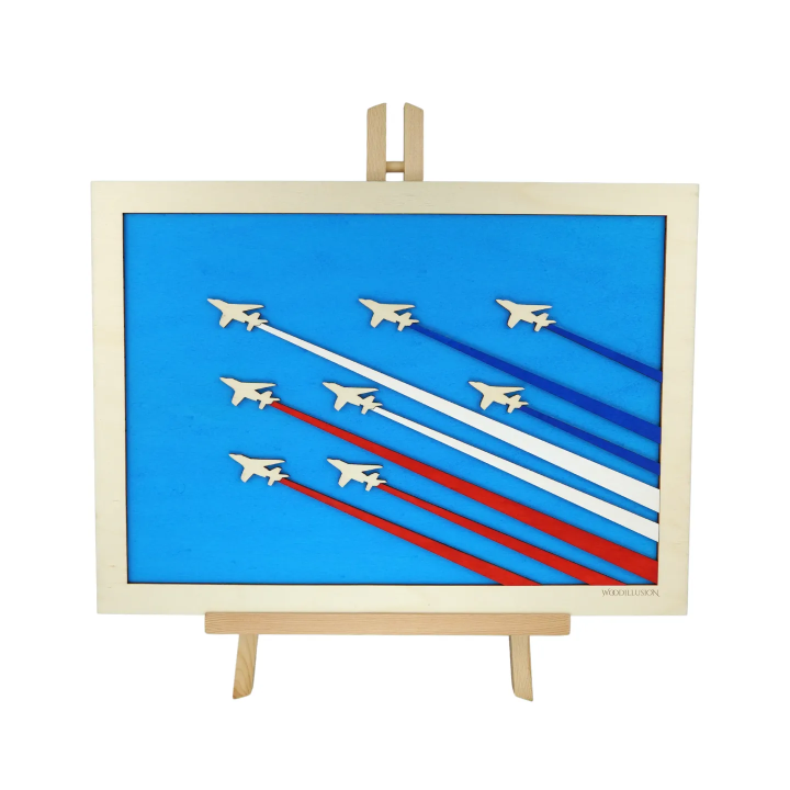 Tableau cadre personnalisable de voltige aérienne en bois découpé et gravé vue de face avec chevalet Woodillusion