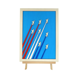 Customizable wall art frame of aerial aerobatics in cut and engraved wood front view with easel Woodillusion