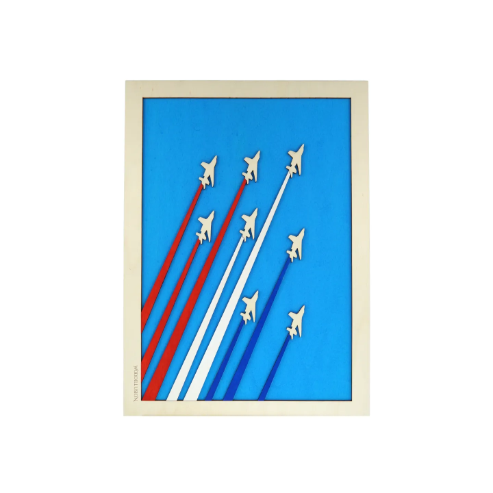 Tableau cadre personnalisable de voltige aérienne en bois découpé et gravé vue de face Woodillusion