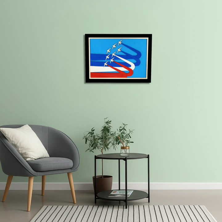 Waiting room view with a customizable wall art frame of aerial aerobatics in cut and engraved wood