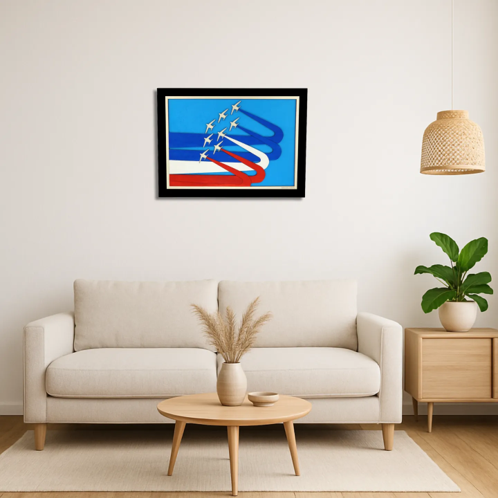 Living room view with a customizable wall art frame of aerial aerobatics in cut and engraved wood
