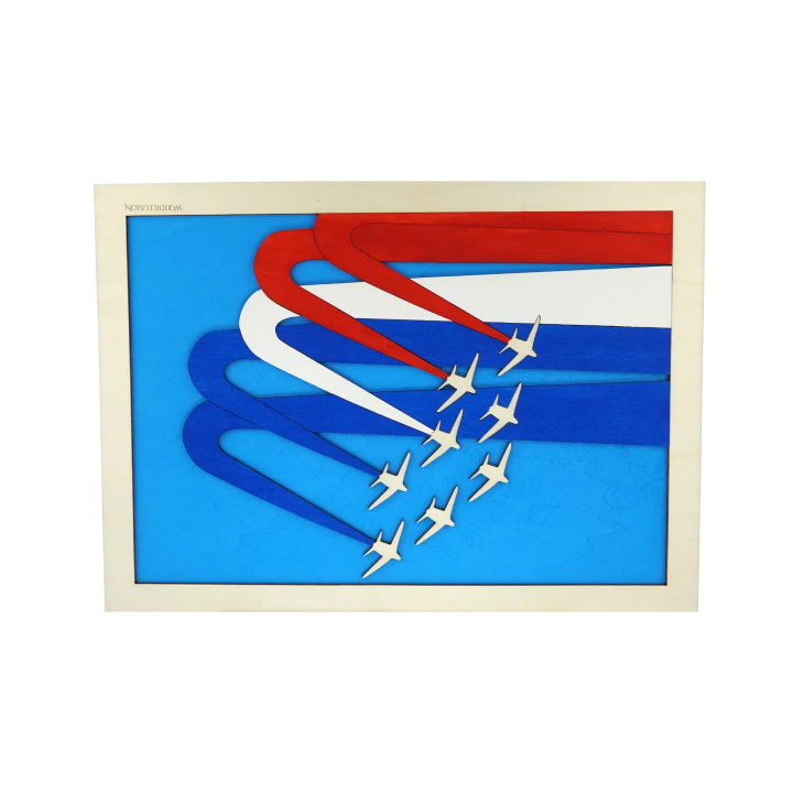 Customizable wall art frame of aerial aerobatics in cut and engraved wood