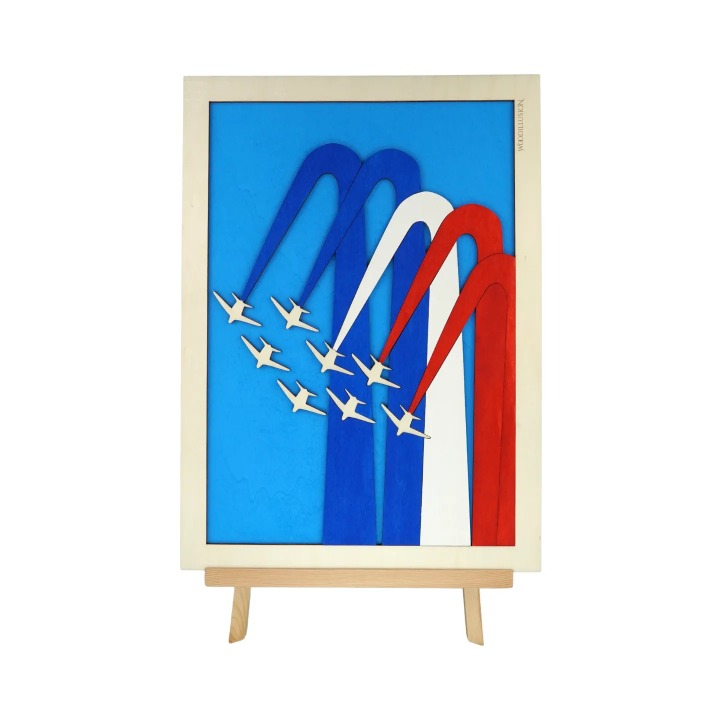 Customizable wall art frame of aerial aerobatics in cut and engraved wood
