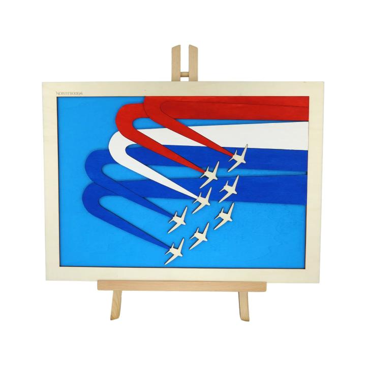 Customizable wall art frame of aerial aerobatics in cut and engraved wood