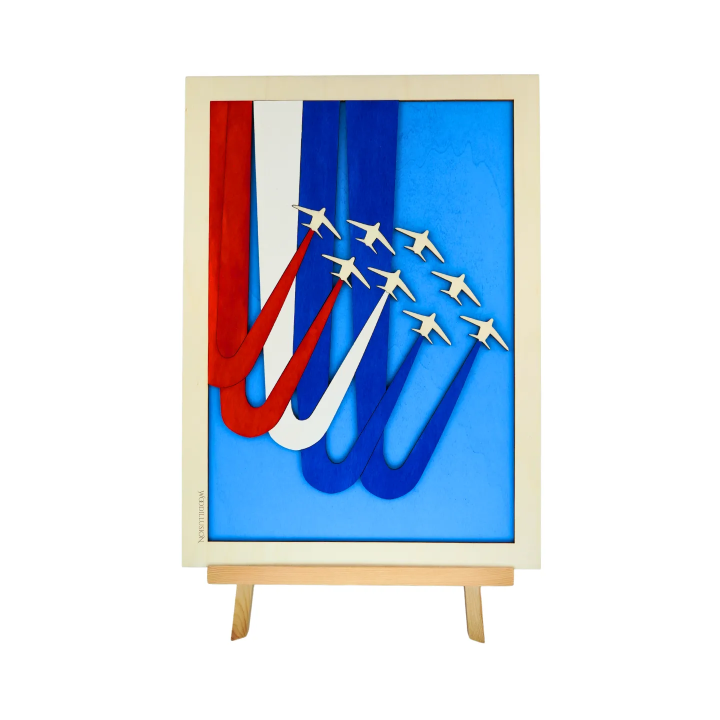 Customizable wall art frame of aerial aerobatics in cut and engraved wood