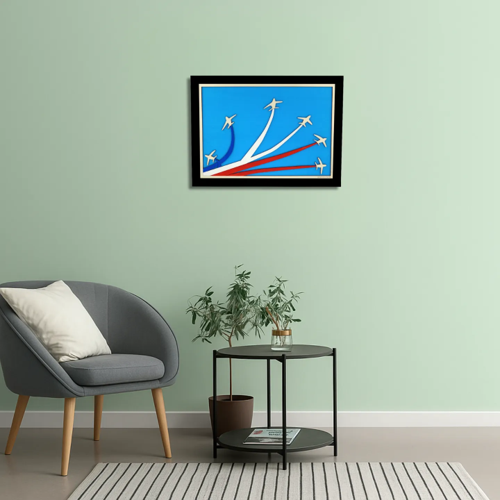 Waiting room view with a customizable wall art frame of aerial aerobatics in cut and engraved wood