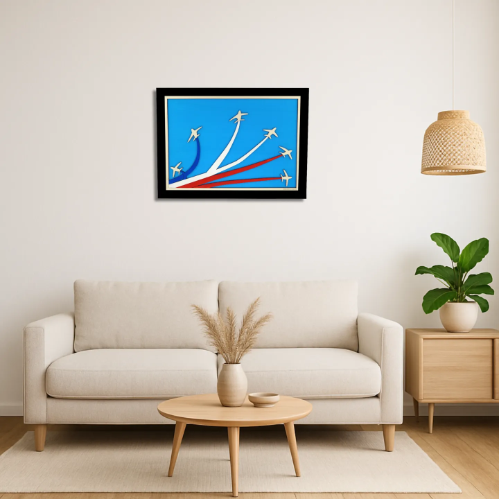 Living room view with a customizable wall art frame of aerial aerobatics in cut and engraved wood