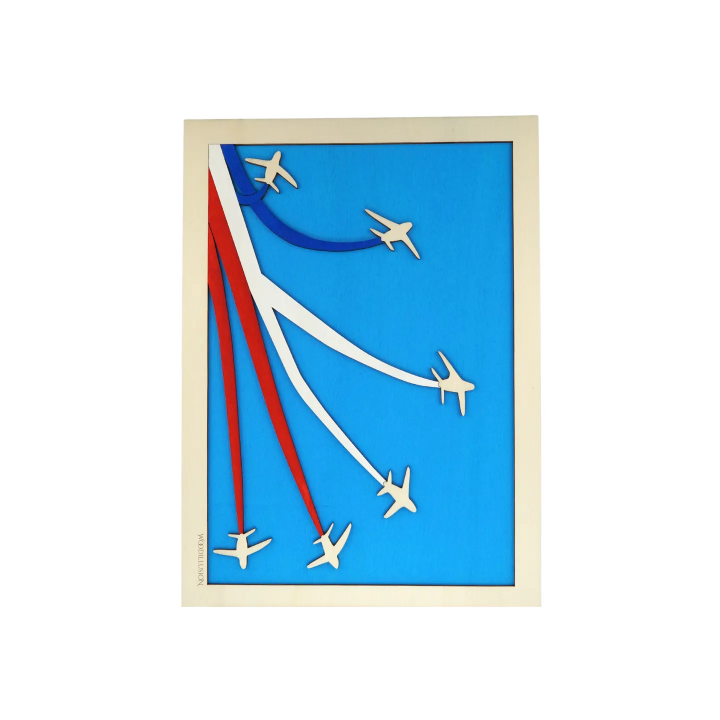 Customizable wall art frame of aerial aerobatics in cut and engraved wood