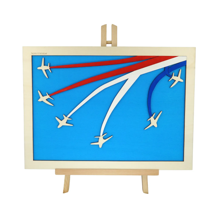 Customizable wall art frame of aerial aerobatics in cut and engraved wood