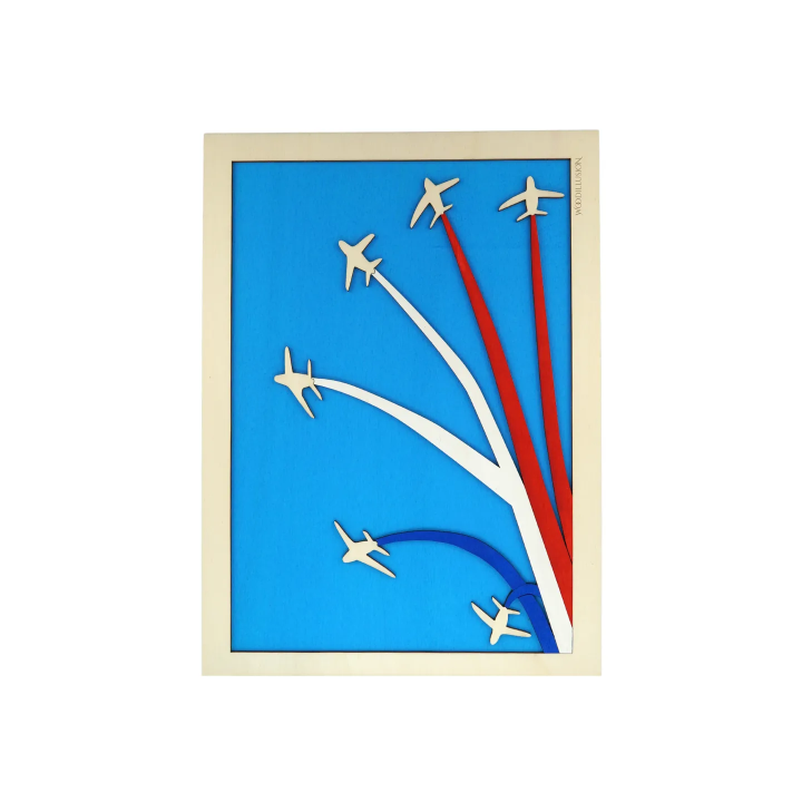 Customizable wall art frame of aerial aerobatics in cut and engraved wood
