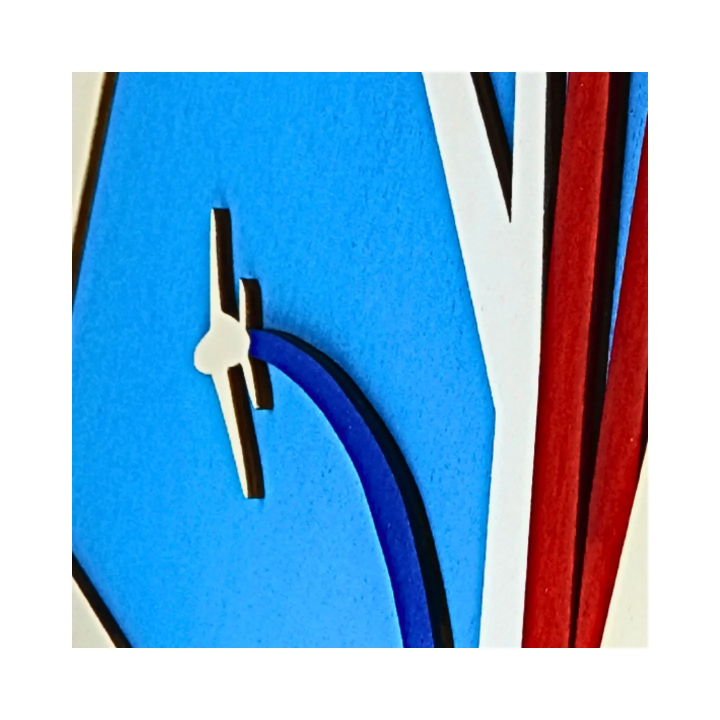 Zoom on a customizable wall art frame of aerial aerobatics in cut and engraved wood