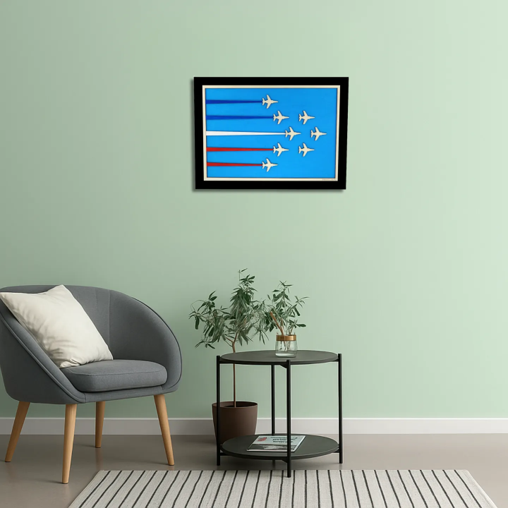 Vue d’une salle d’attente avec un tableau cadre personnalisable de voltige aérienne en bois découpé et gravé