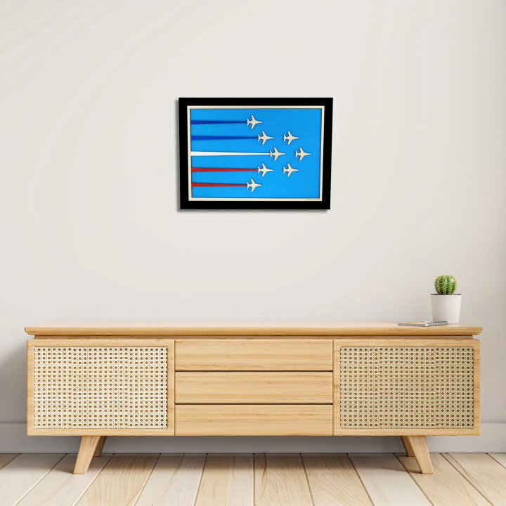 Vue d’une entrée avec un tableau cadre personnalisable de voltige aérienne en bois découpé et gravé