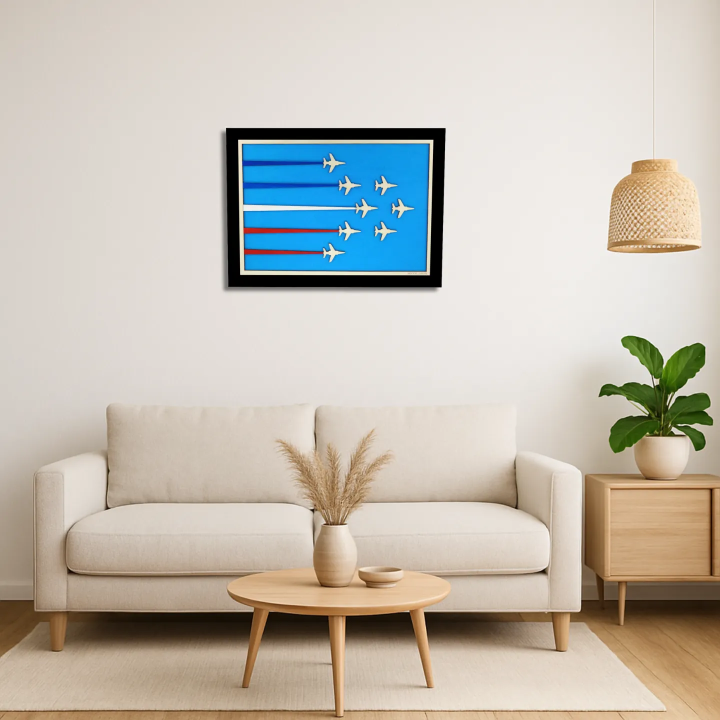 Vue d’un salon avec un tableau cadre personnalisable de voltige aérienne en bois découpé et gravé