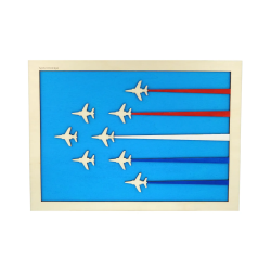 Customizable wall art frame of aerial aerobatics in cut and engraved wood